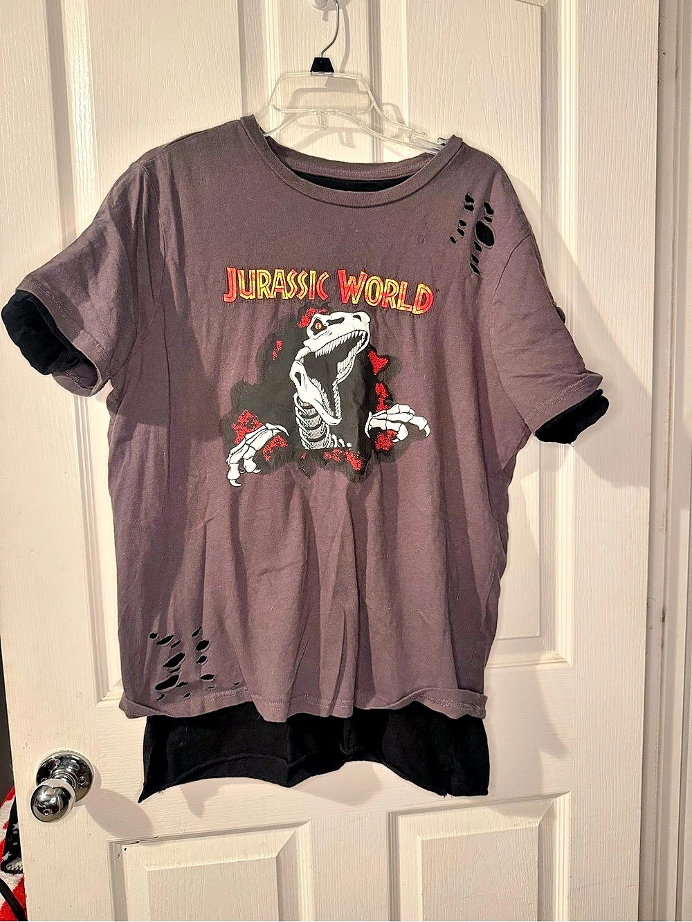 Jurassic World Short Sleeve Layered Distressed Graphic Tee Graphic Tee Gray